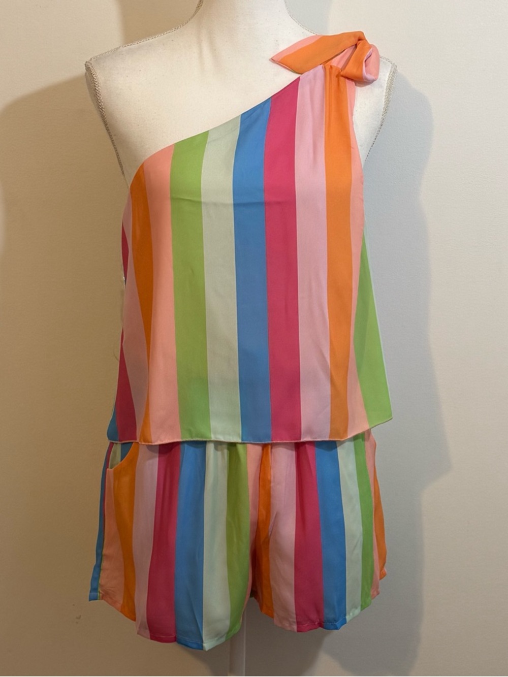 Pink Lily Rainbow Stripe One Shoulder Romper Size Small